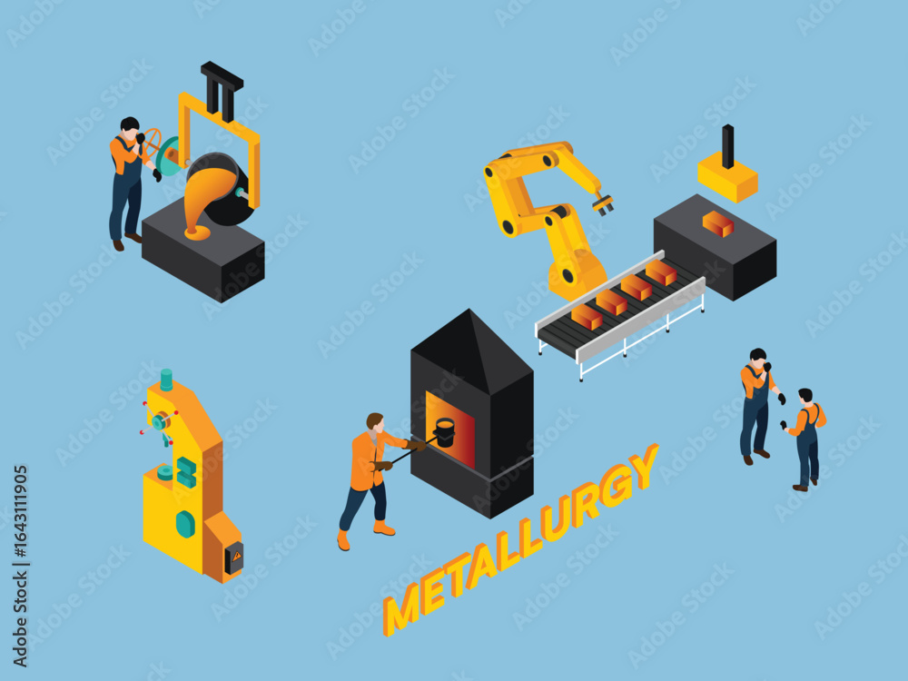 Obraz premium Metallurgy Industry Isometric Icons Set 3d flat vector illustrations