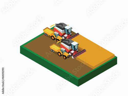 Harvester Combines Working on a Grain Field 3d flat vector illustrations