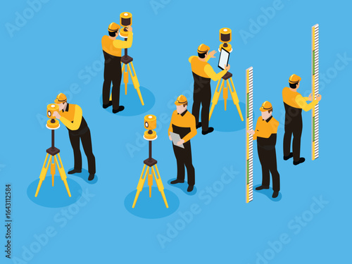 Surveying Engineers and Equipment Isometric Icons Set 3d flat vector illustrations
