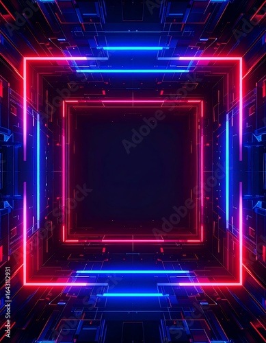 Glowing neon square frame within a digital, geometric structure