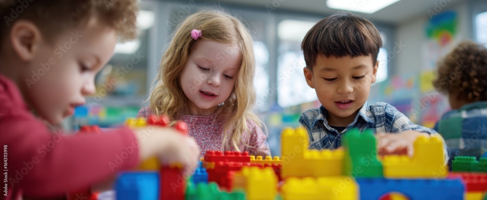 Fototapeta premium The joyful children building with colorful blocks in a classroom setting.