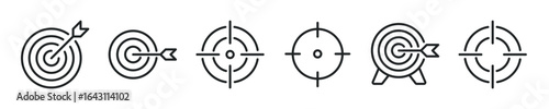 Target thin line icon set. Goal, aim, archery minimal editable stroke icons