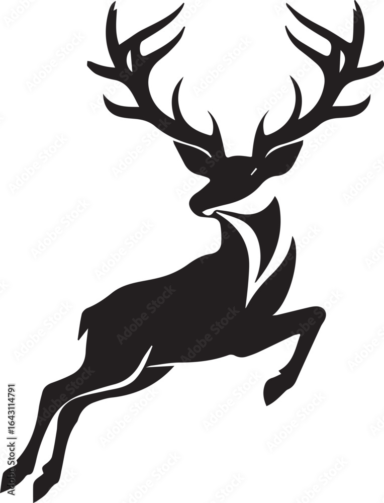 Obraz premium Majestic Deer Silhouette: An elegant black silhouette of a deer in mid-leap, showcasing its powerful antlers and graceful form.