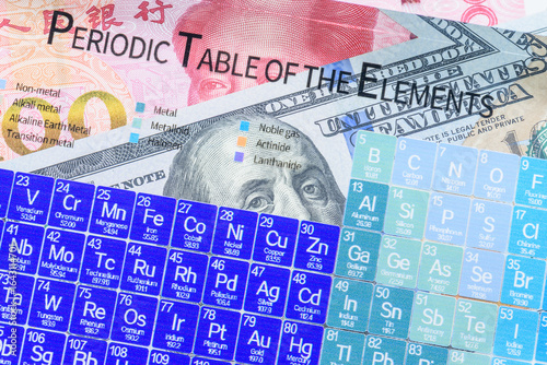 Trade truce extension, China rare earth exports, semiconductor resource tension : A periodic table of elements - strategic metals e.g. gallium, germanium with overlapping Chinese yuan and U.S. dollar.