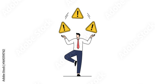 Businessman skillfully juggling warning signs demonstrates expertise in risk management and crisis preparedness strategies