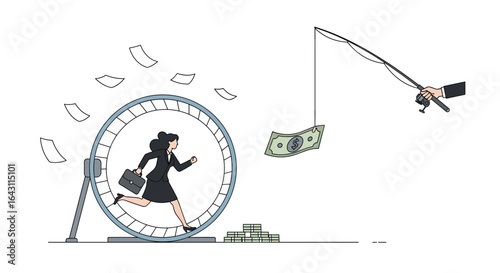 Businesswoman running on hamster wheel chasing money in a never ending cycle of effort and reward