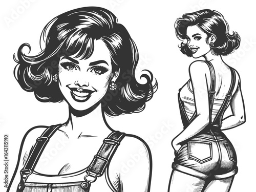 pin-up drawing of a smiling woman wearing short denim overalls, depicted in front and back poses sketch engraving generative ai fictional character vector illustration. Scratch board. Black and white.