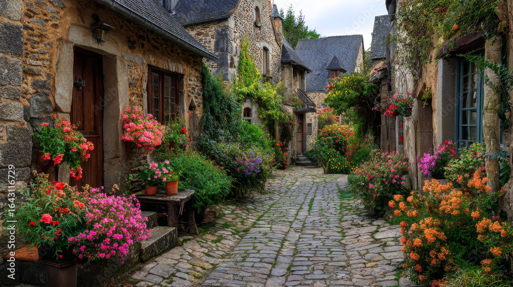 Fototapeta premium Charming Stone Village Street with Colorful Flowers 