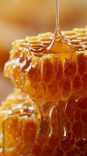 Golden honey drips from honeycomb, showcasing its natural sweetness and rich texture in vibrant detail