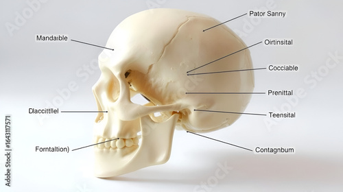 Label the internal and external features of a human skull, including cranium, frontal bone, parietal bones, occipital bone, temporal bones, mandible, orbit, nasal cavity, and foramen magnum.