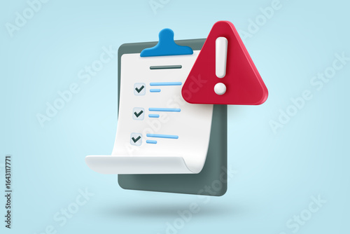 Check list with red exclamation sign. 3d vector illustration