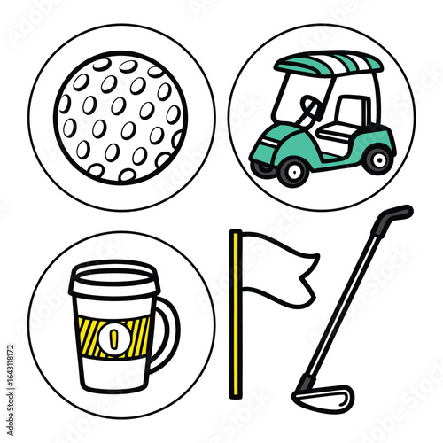 Whimsical hand drawn golf icons featuring a ball cart coffee cup flag and club