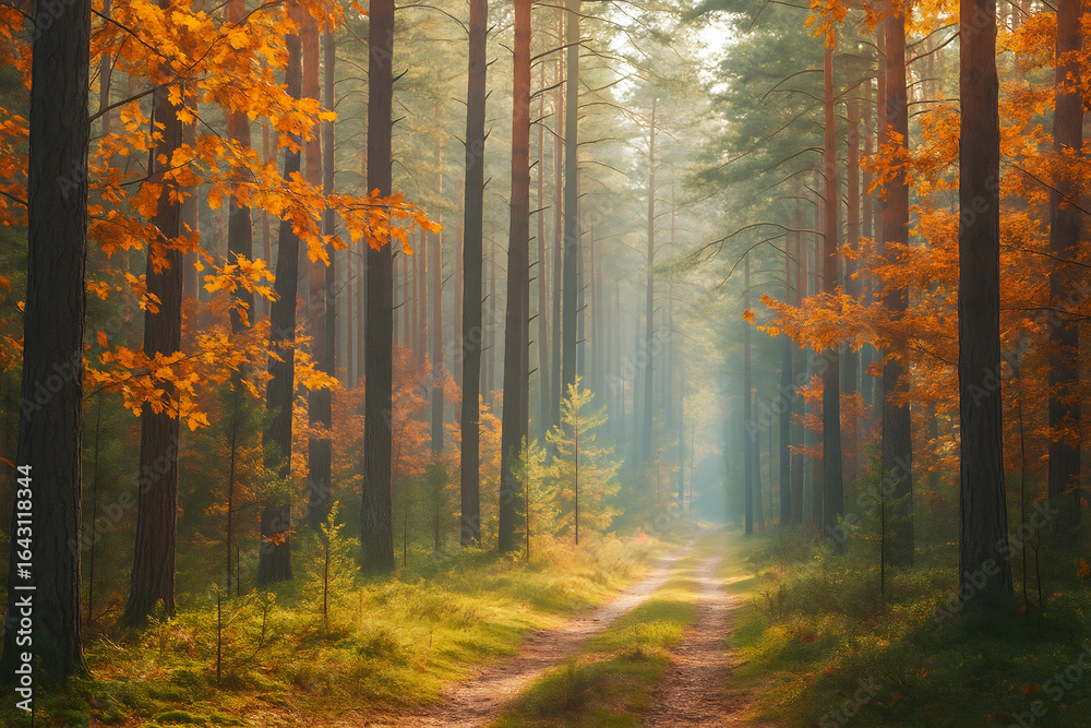 Fototapeta premium Autumn Forest Path with Orange Leaves and Sunlight