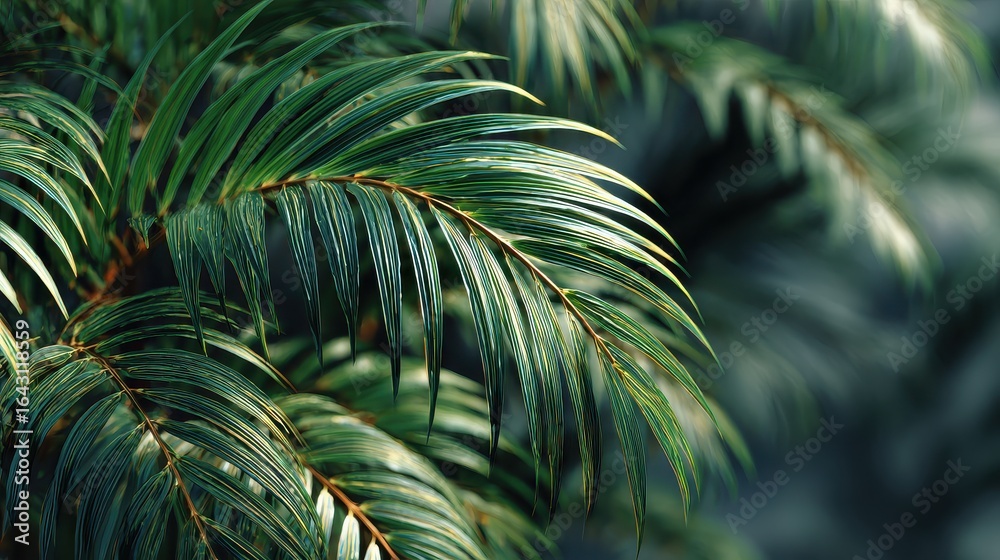 Fototapeta premium Close-up view of vibrant green palm leaves surrounded by a softly blurred background captured in a stunning three-dimensional rendering illustrating natural beauty and tranquility