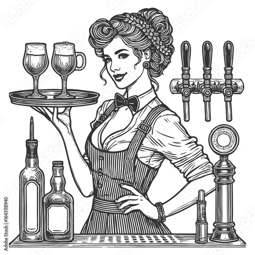 barmaid holding a tray of beer, surrounded by bottles, taps, and bar equipment sketch engraving generative ai fictional character vector illustration. Scratch board imitation. Black and white image.