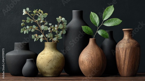 Elegant wooden vase with minimalistic black vases and lush green leaves set against a striking black background for modern home decor