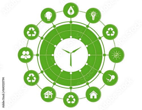Green interconnected icons arranged in a circle.