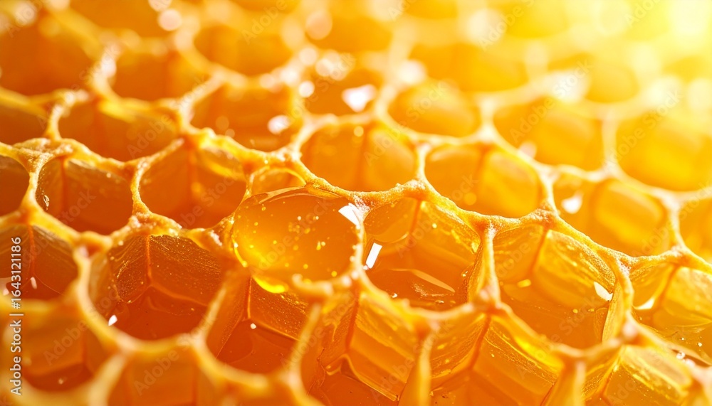 Honeycomb's Golden Geometry: A close-up view of a honeycomb cell, bathed in the golden hues, with dripping liquid, highlighting the natural structure. Honeycomb's Golden Geometry: A close-up view of a honeycomb cell, bathed in the golden hues, with dripping liquid, highlighting the natural structure.