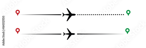 Airplane routes set. Plane route line. Planes dotted flight pathway. Plane paths. Aircraft tracking, planes, travel, map pins, location pins. Romantic