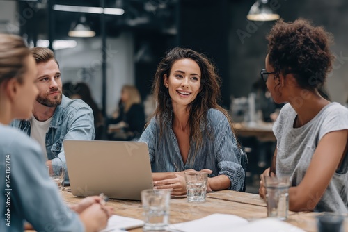 Engaging discussion during a business meeting at a trendy startup company in a modern office setting