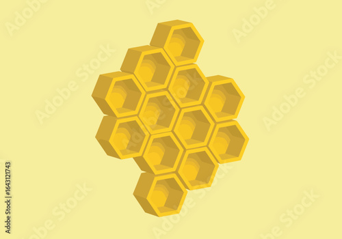 A 3D rendered illustration of a yellow honeycomb structure, isolated on a light yellow background.