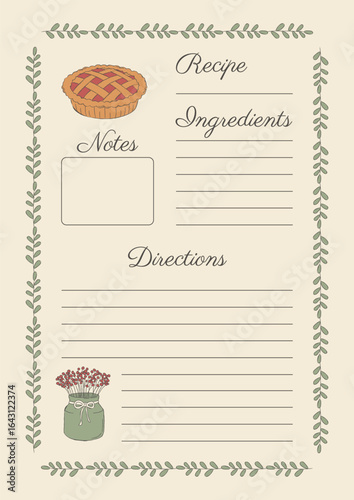 Vintage blank recipe card template with pie and jar illustrations, notes section, ingredients list and cooking directions. Recipe card with hand drawn decorative leaf border.