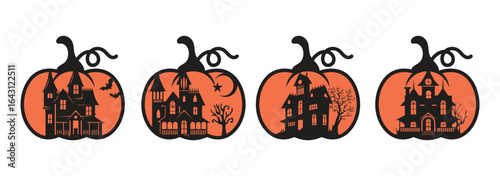 Halloween pumpkin, horor houses, vector