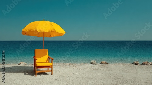 Sunny beach scene with yellow chair and umbrella