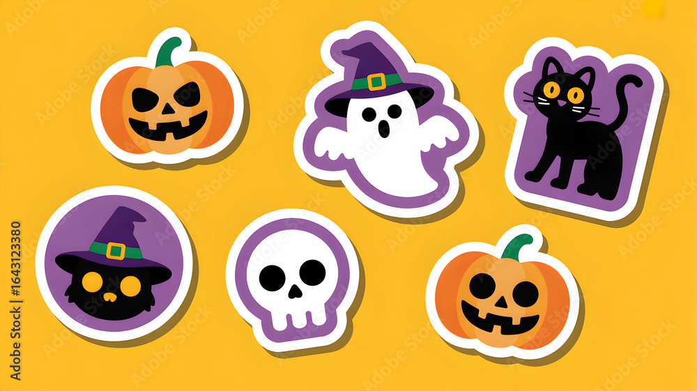 Obraz premium Halloween-themed clip art stickers sit on a yellow rectangle. Images include a pumpkin, ghost, skull, and black cat, some wearing witch hats. 