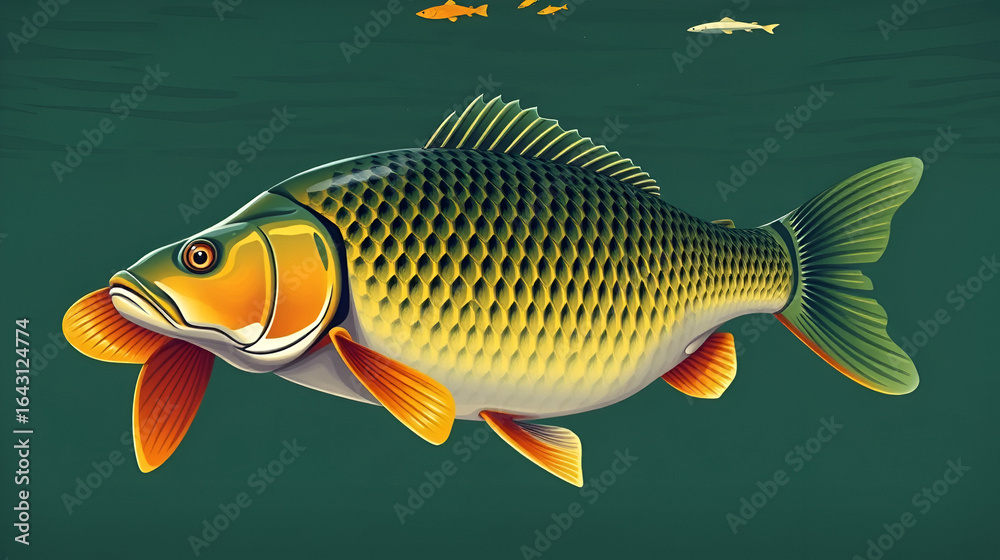 Fototapeta premium Carp fish (koi) realism isolate illustration. Fishing for big carp, feeder fishing, carp fishing. Carp underwater at the bottom of a river or lake.