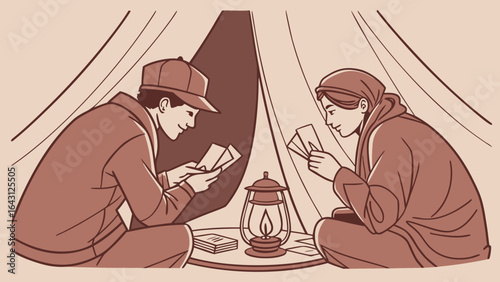 A young couple, a man and a woman, enjoy a cozy evening reading books together in a tent, illuminated by a lantern's warm glow.