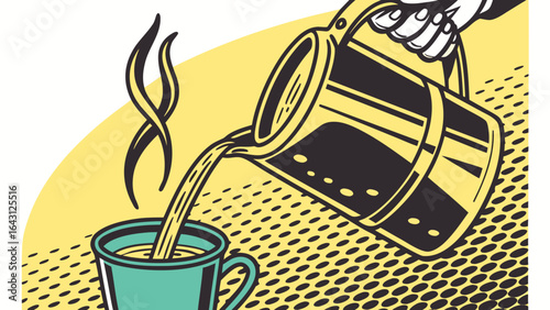 A colorful illustration of a hand pouring steaming coffee into a teal cup, showcasing vibrant retro style.