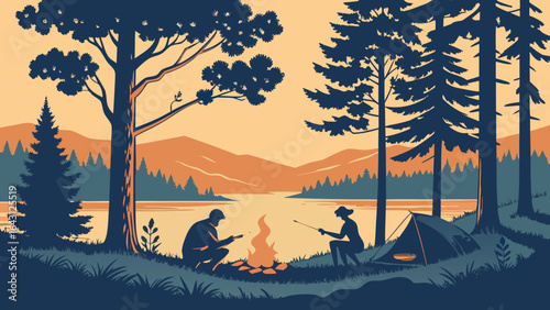 Two campers enjoying a serene evening by the lake, cooking over a fire and fishing amid lush trees.