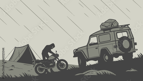 A rugged camper in a rain-soaked landscape, adjusting a motorcycle beside a vintage off-road vehicle.