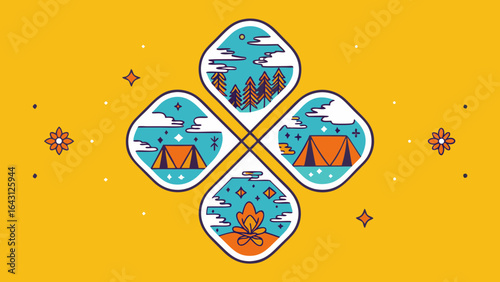 Colorful campsite design featuring tents and nature elements on a vibrant yellow background.