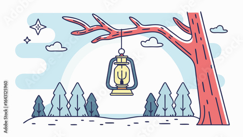 A whimsical illustration of a lantern hanging from a tree branch in a serene forest setting.