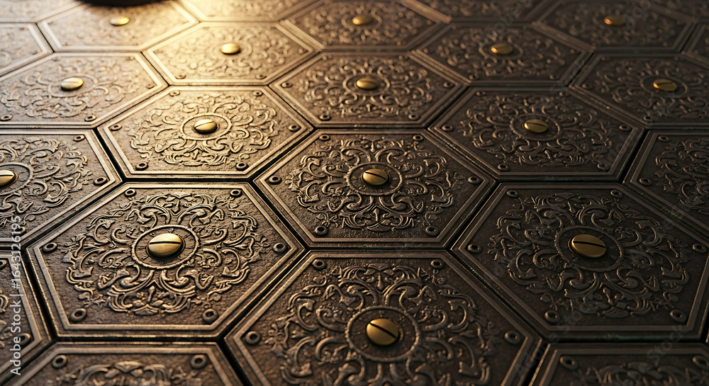 Obraz premium Detailed ornate bronze metal panels with intricate designs and fasteners create rich texture