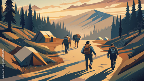 A group of diverse hikers trekking through a scenic mountain landscape at sunset.