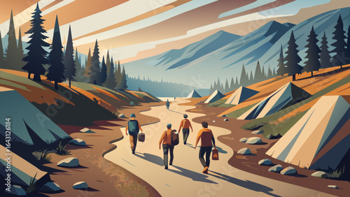 A group of hikers, featuring four individuals walking along a scenic path through vibrant, stylized mountains and forests.