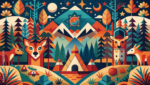 A vibrant, colorful illustration of a forest scene featuring wildlife, mountains, and a teepee.