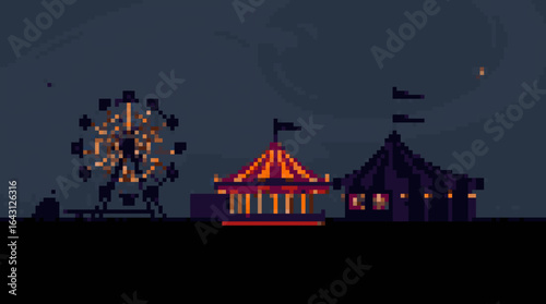 Pixel Art Night Carnival with Rides and Tents