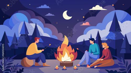 Three friends gather around a campfire at night, roasting marshmallows under a starry sky.