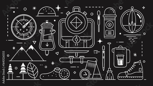 Illustration of camping gear and hiking essentials, featuring a backpack, lantern, compass, and other outdoor items.
