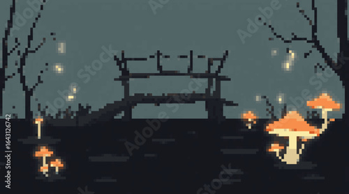 Enchanted Forest with Glowing Mushrooms and Bridge