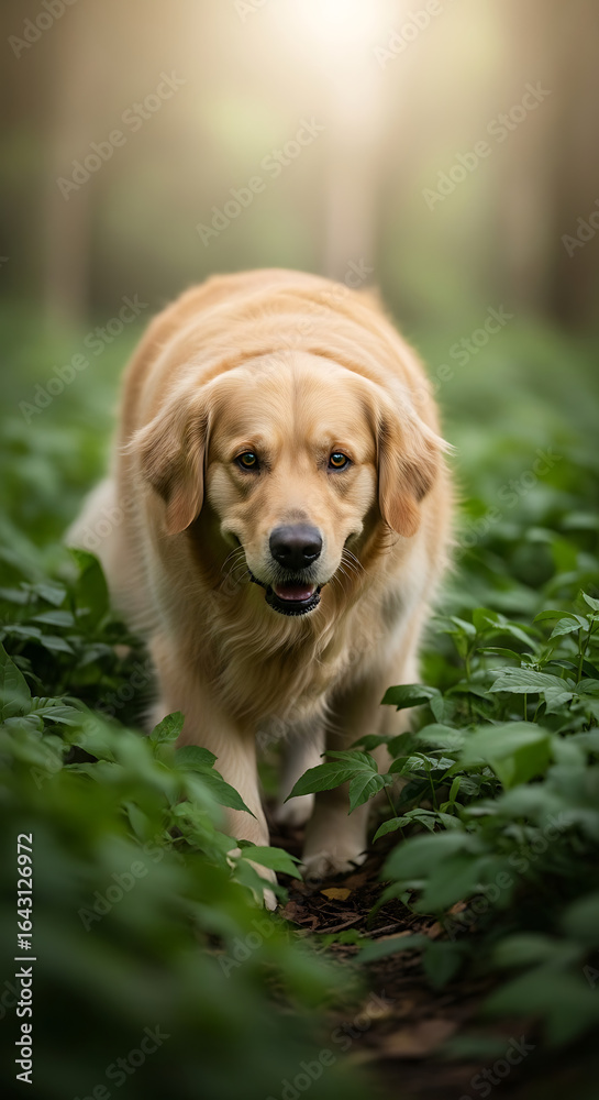 Obraz premium Golden retriever dog exploring forest foliage in soft light with expressive eyes and playful nature scene
