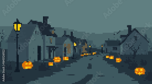 Haunting Street Decorated with Jack-o'-Lanterns at Dusk