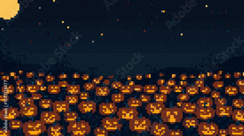 Spooky Halloween Landscape with Pixelated Pumpkins