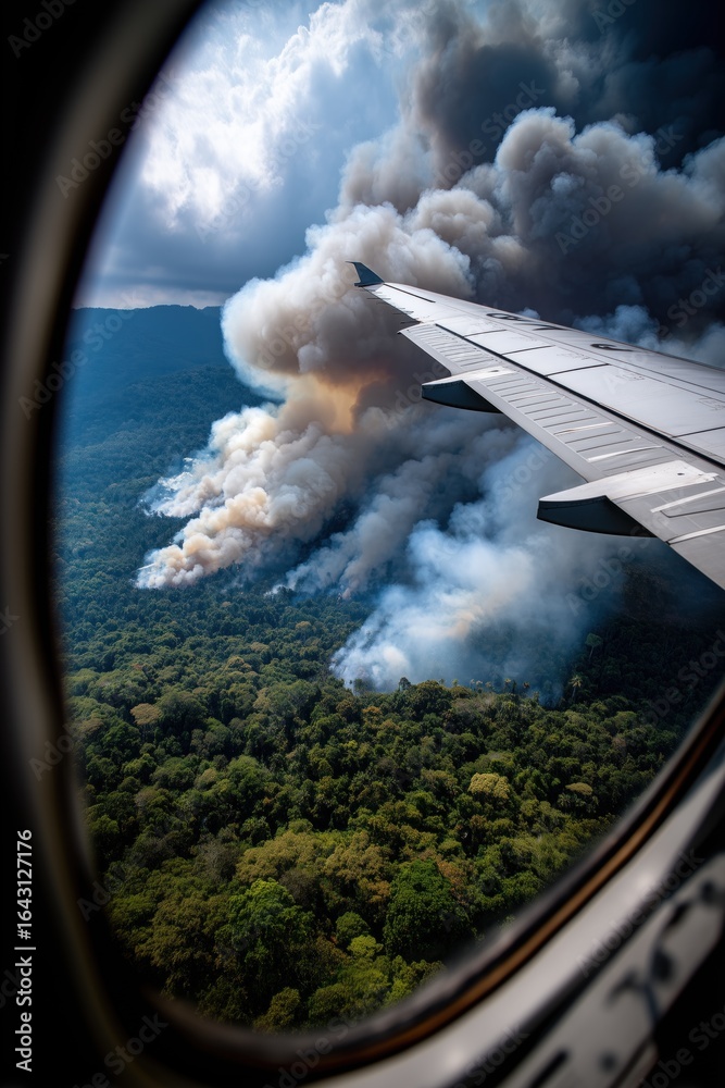 Obraz premium Airplane wing flying over burning rainforest, deforestation concept