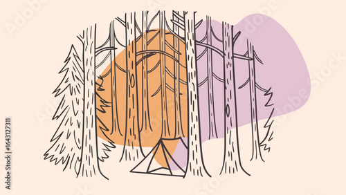 A serene illustration of a triangular tent nestled among tall trees, with a warm sunset glow in the background.
