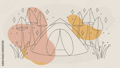 A minimalist linear illustration of a tent surrounded by whimsical trees and mushrooms, evoking tranquility and adventure.